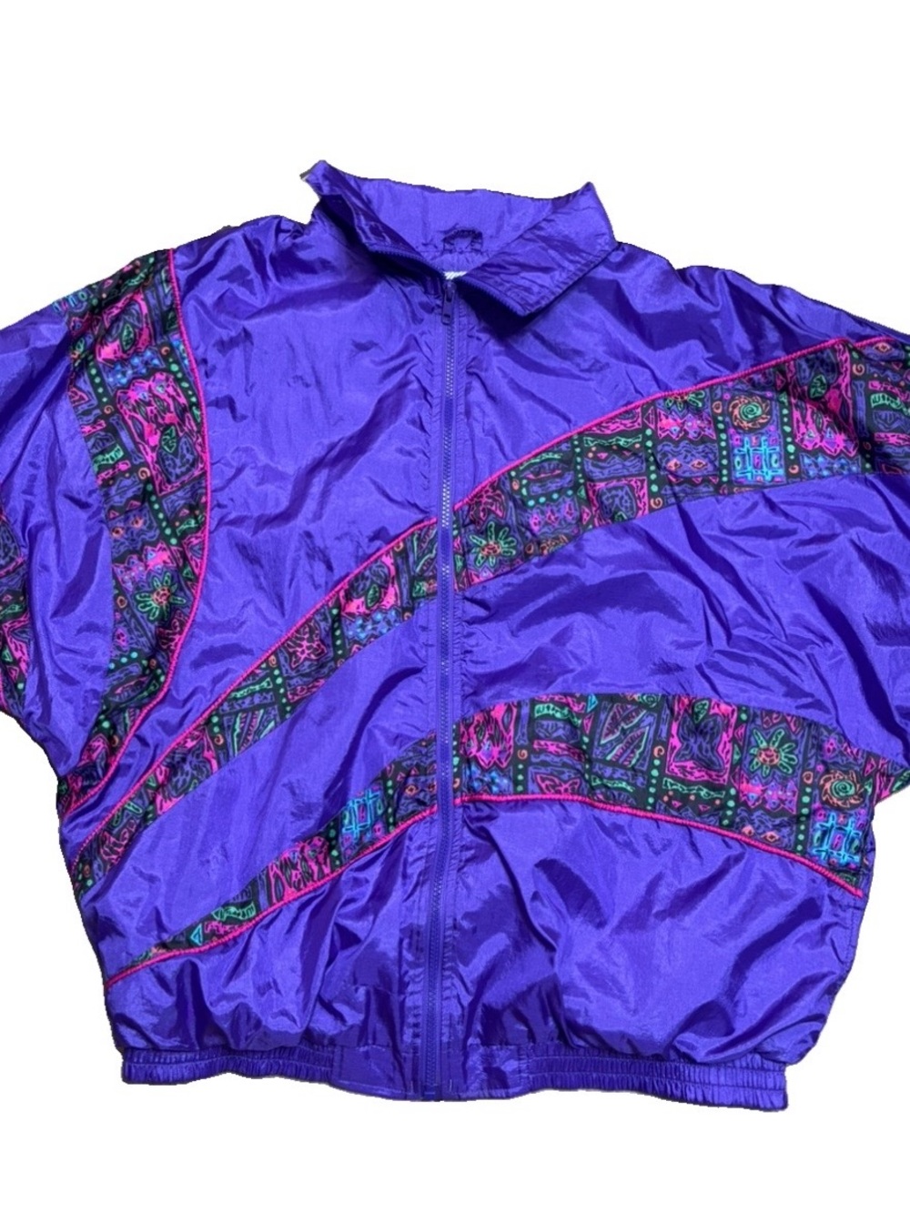 Vibrant Purple Women’s Retro Bomber Jacket with Patterned Panels - Picture 5 of 15
